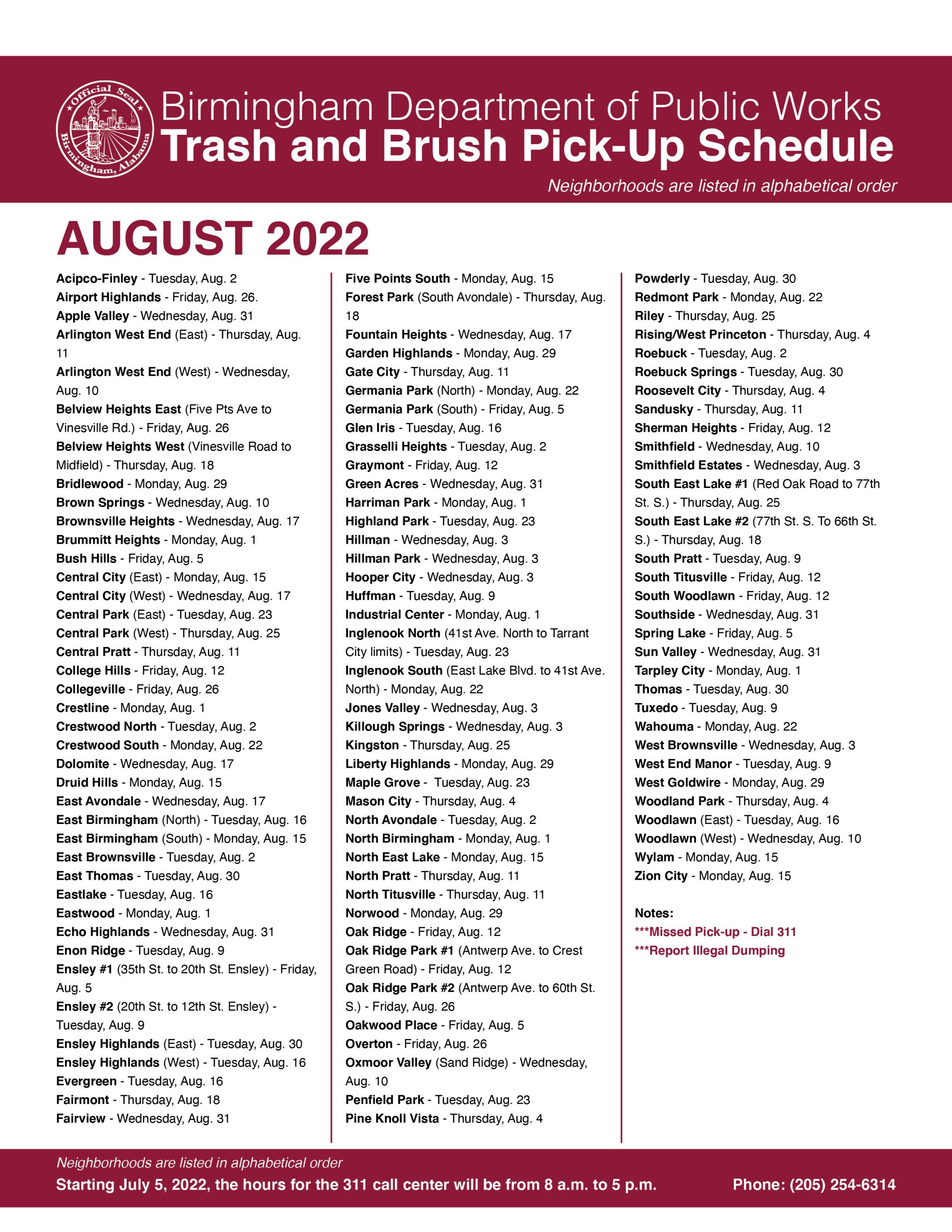 D6 August 2022 Bulk Trash Schedule District 6 Birmingham Alabama