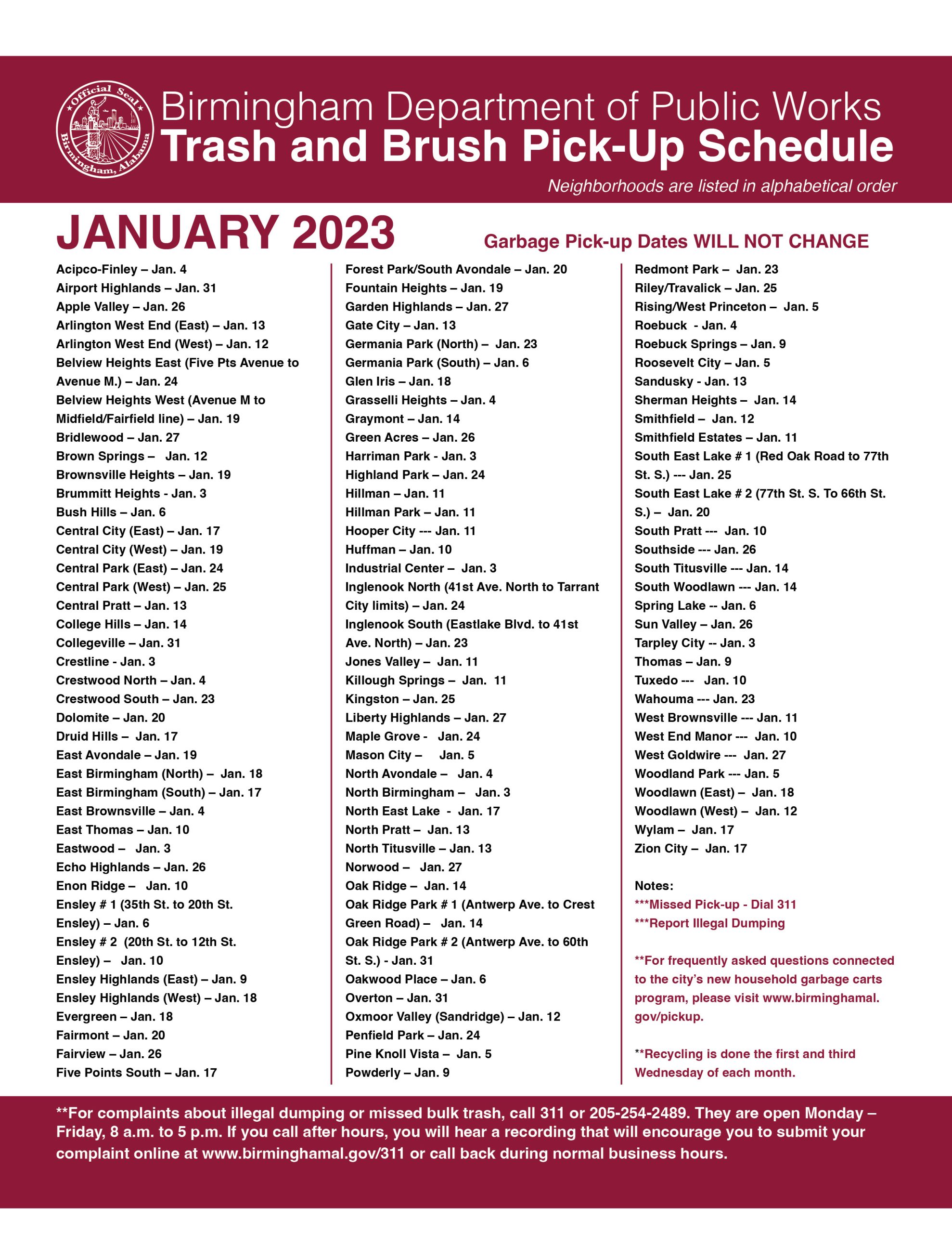 January 2023 Bulk Trash Schedule District 6 Birmingham, Alabama