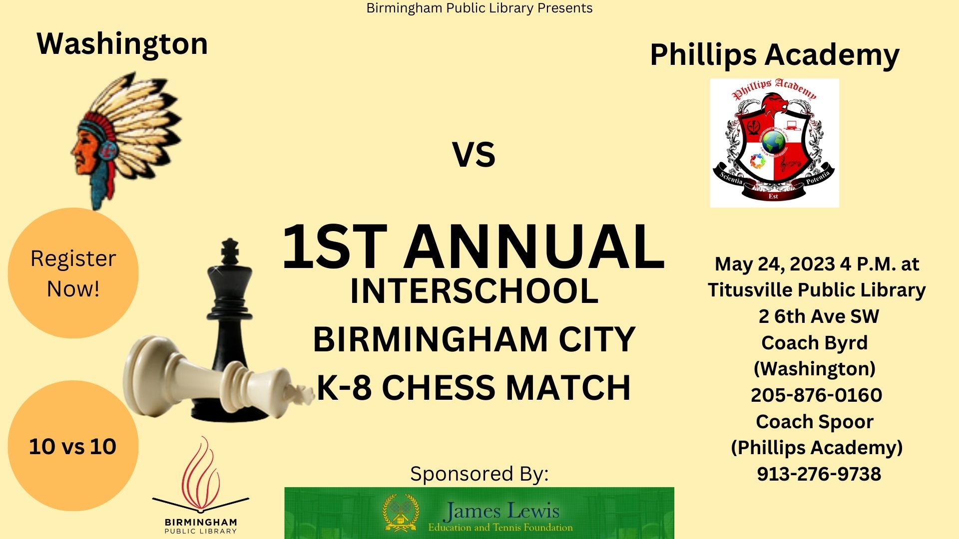 Titusville Branch will host the 1st Annual Interschool Birmingham City K-8 Chess Tournament