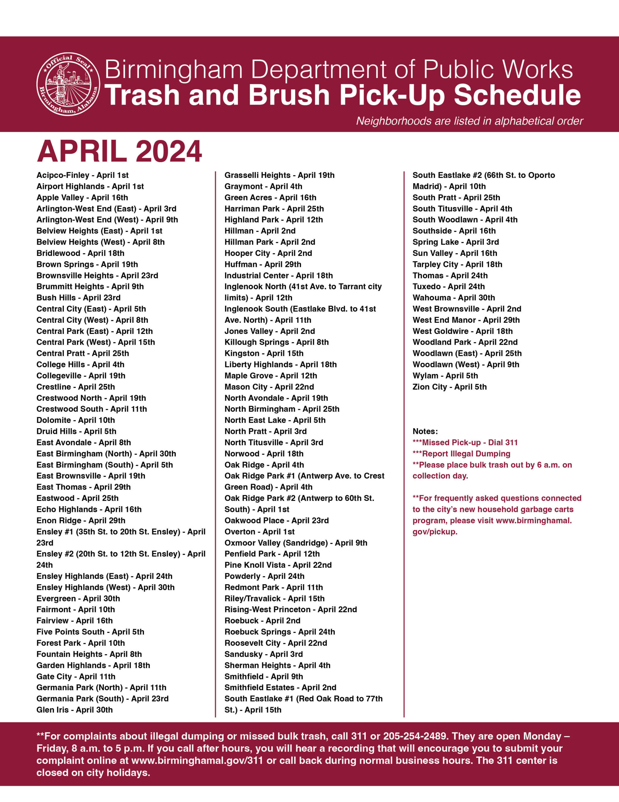 Birmingham Department of Public Works: Trash and Brush Pick-Up Schedule,  April 2024 | District 6 Birmingham, Alabama